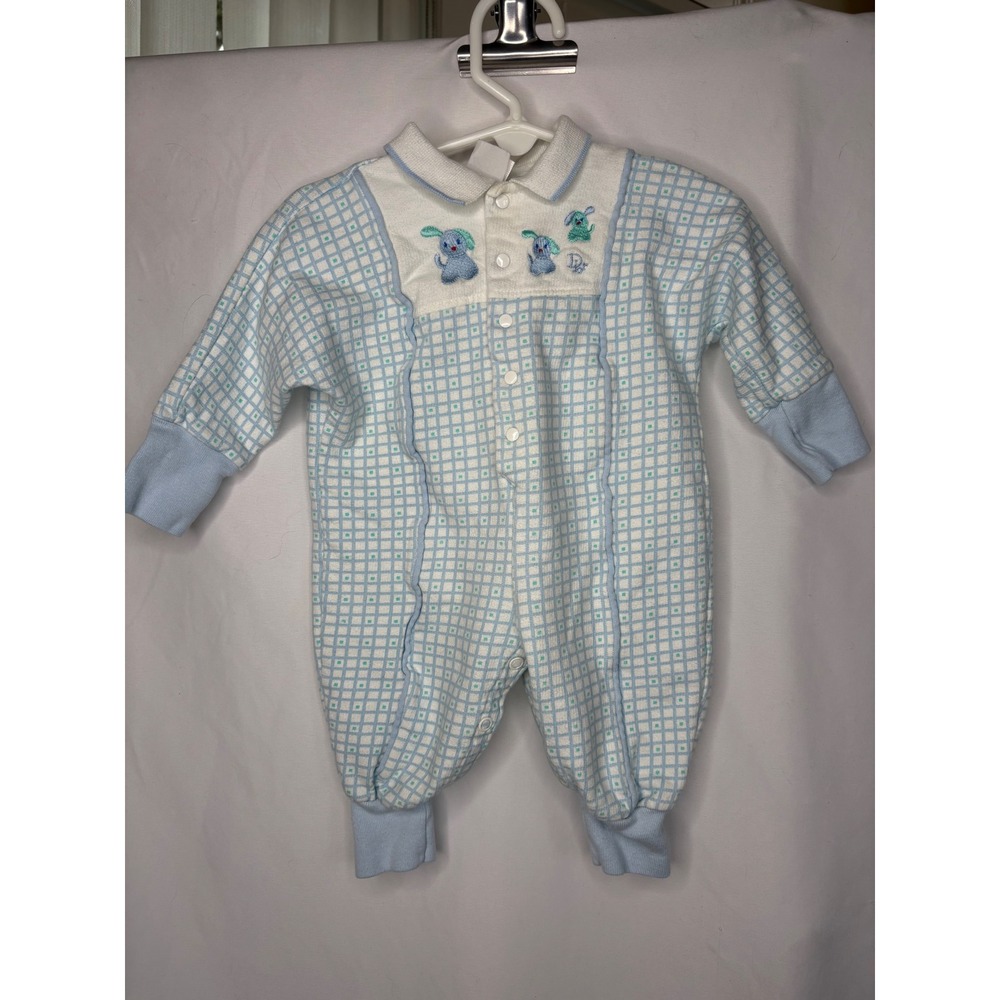 Vintage Baby Dior Blue White Grid Puppy Dog Embroidered Romper One pc Pajamas